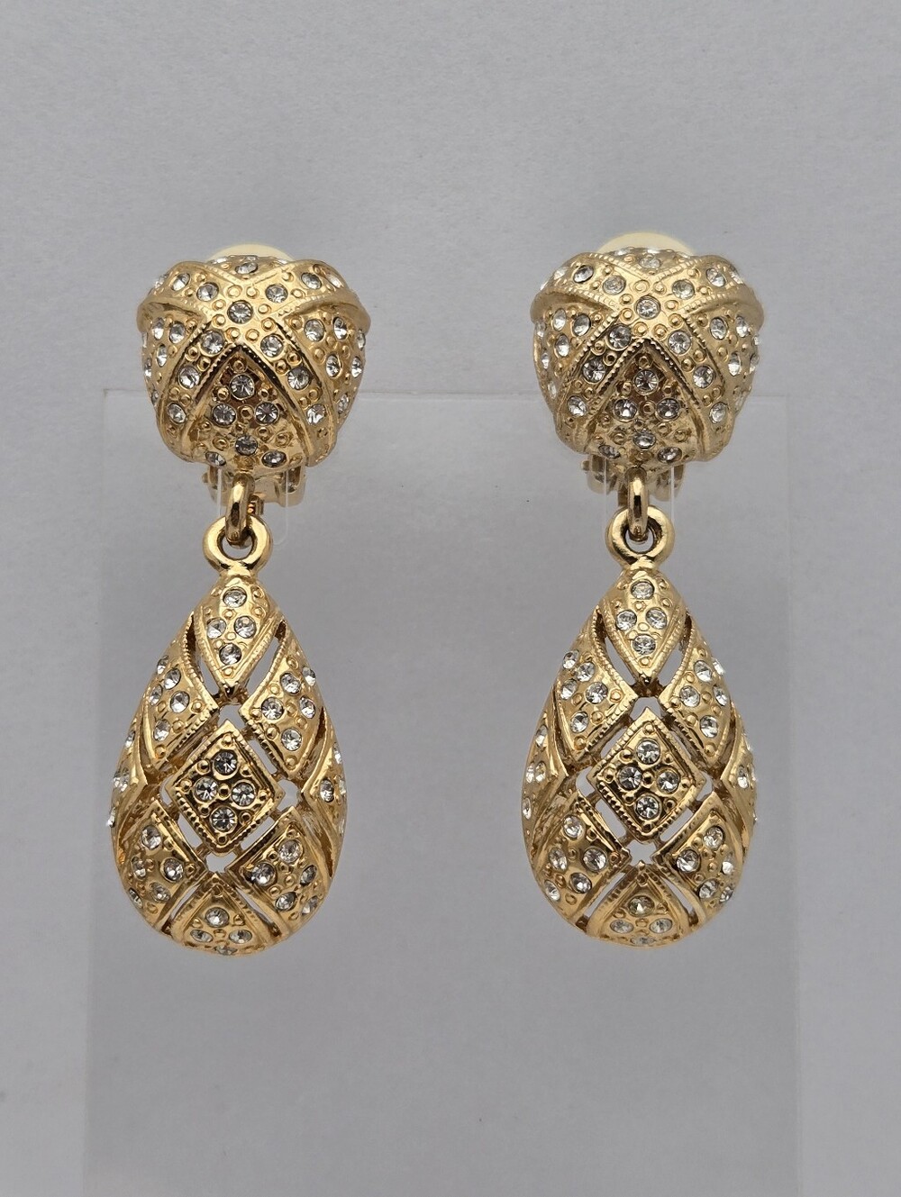 Filigree Clip On Drop Earrings Rhinestone Dangle 1.75" Vintage Gold Tone